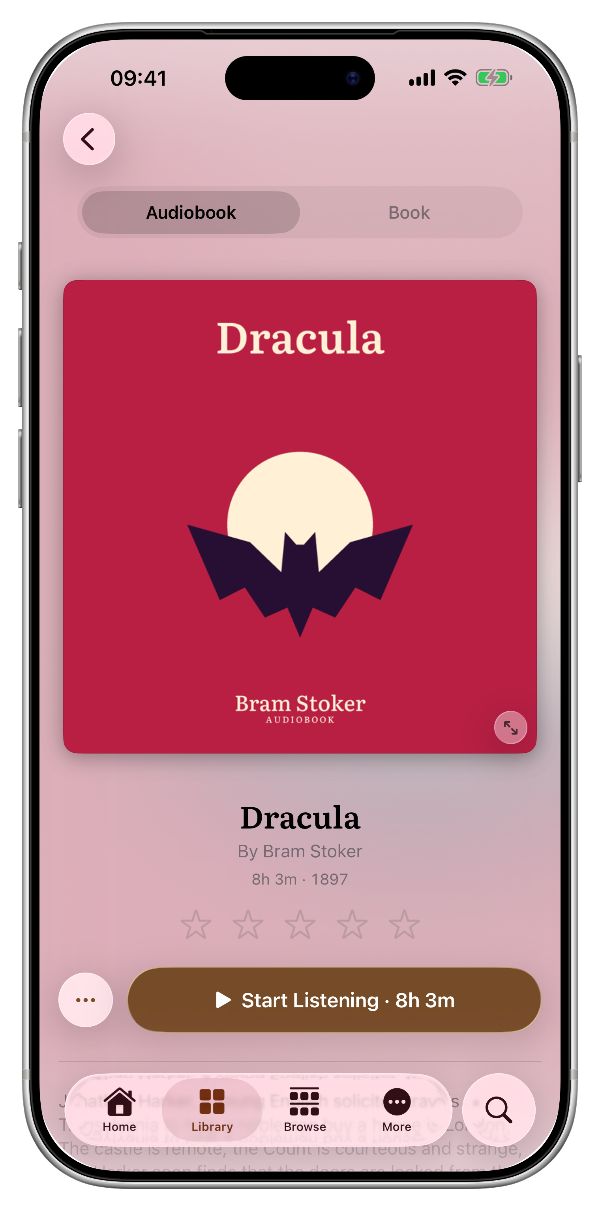 The Dracula title page with a switch between Audiobook and Book, and a Start Listening button.
