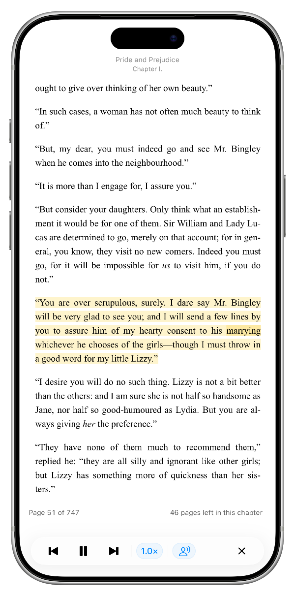 Pride and Prejudice being read aloud, with the current sentence and word highlighted.
